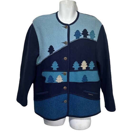 Geiger Collection Austria blue winter pine tree Wool cardigan Jacket size 38 - Picture 1 of 10